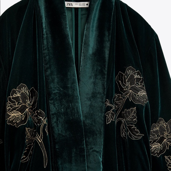 Zara Green Kimono Velvet Limited Edition Embroidered Casual Coat - Picture 6 of 6